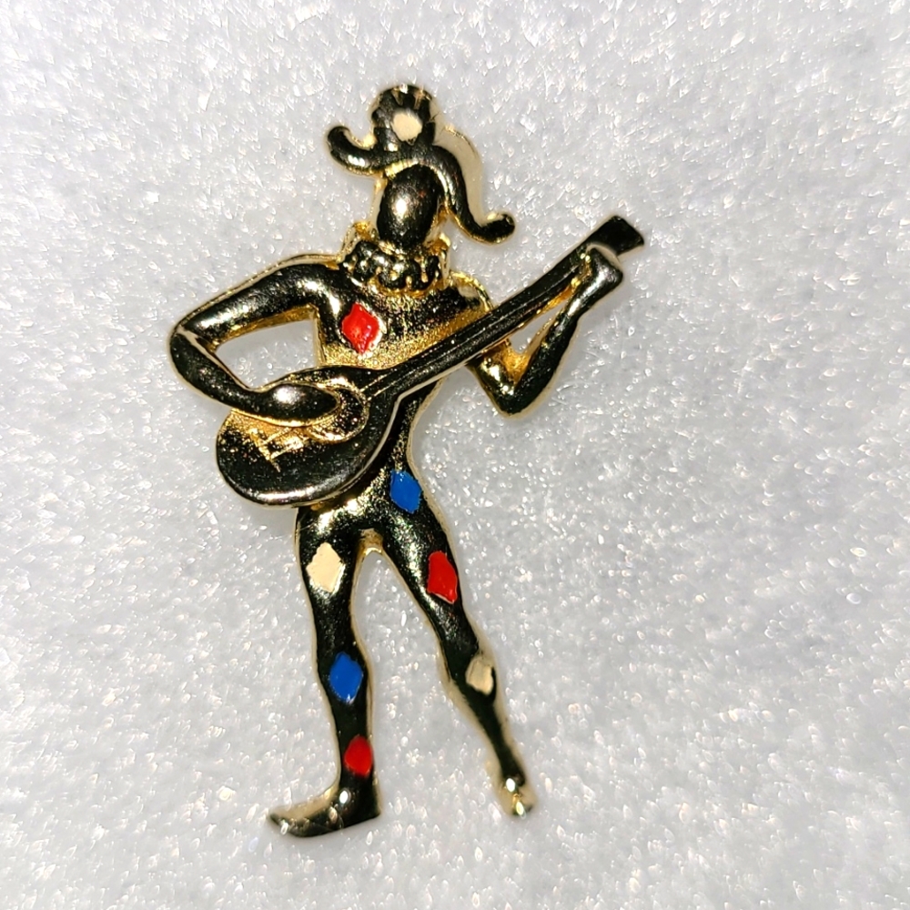 Antique VTG Royal Court Jester Brooch Courtier Playing Mandolin Lyre Unisex Pin